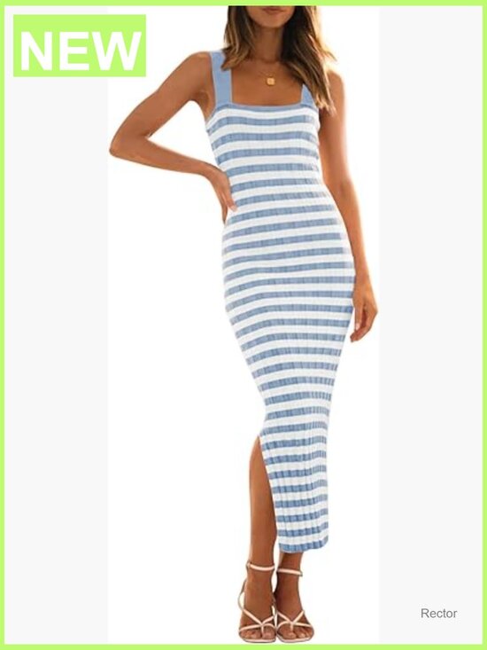 Dresses & Skirts - Sleeveless Ribbed Knit Bodycon Midi Dress Square Neck Side Slit